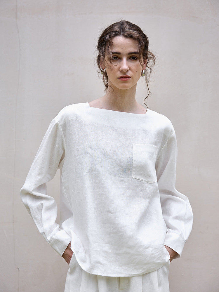 Loose Fit One-Shoulder Long Sleeve Linen Top for Women