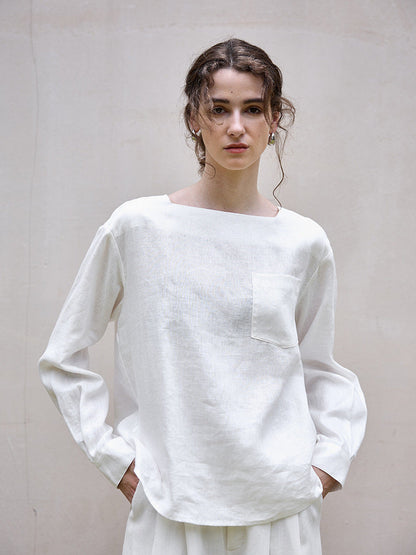 Loose Fit One-Shoulder Long Sleeve Linen Top for Women