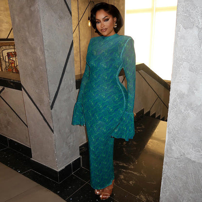 Elegant Vintage Bodycon Dress With Round Neck And Long Sleeves