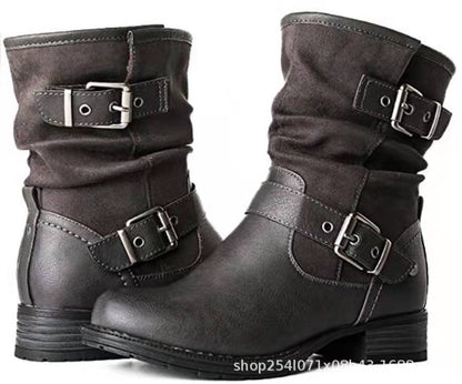 Autumn And Winter New Leopard Print High Round Toe Knight Boots Belt Buckle Low Heel Martin Boots