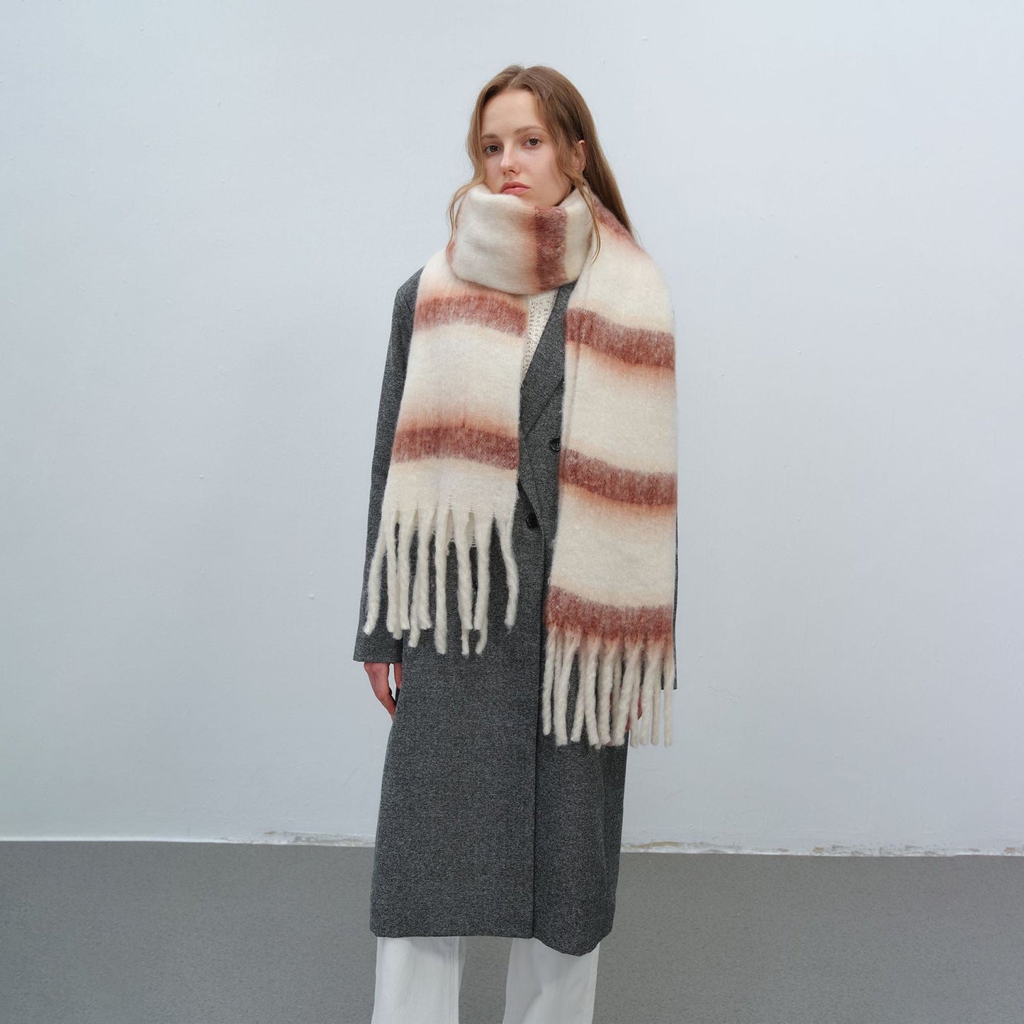 Color Block Striped Simple Tassel Knit Scarve