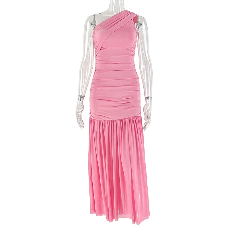 Asymmetrical Ruffled Waist Maxi Dress With One Shoulder Design