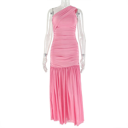 Asymmetrical Ruffled Waist Maxi Dress With One Shoulder Design