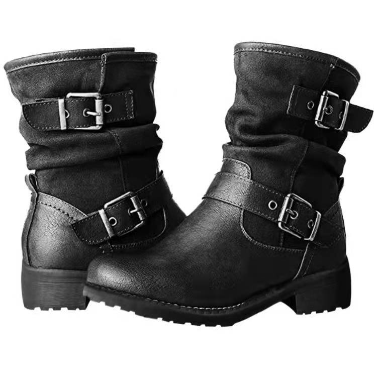 Autumn And Winter New Leopard Print High Round Toe Knight Boots Belt Buckle Low Heel Martin Boots