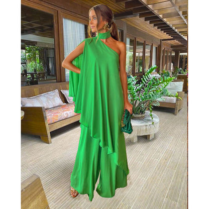 Stylish Neck Slanted Shoulder Set Casual Loose Vacation Two-Piece Set For Women