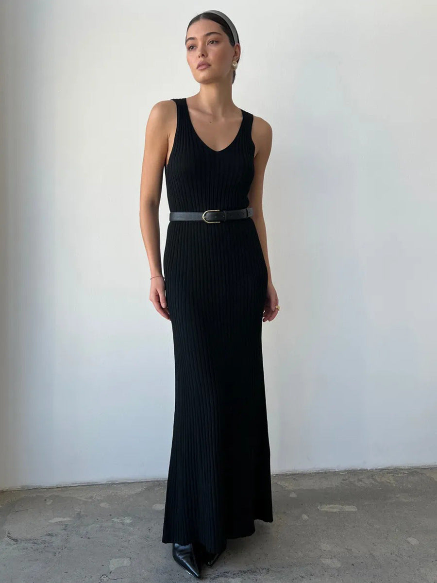 Bodycon Knit Maxi Dress Casual Sleeveless Round Neck Dress