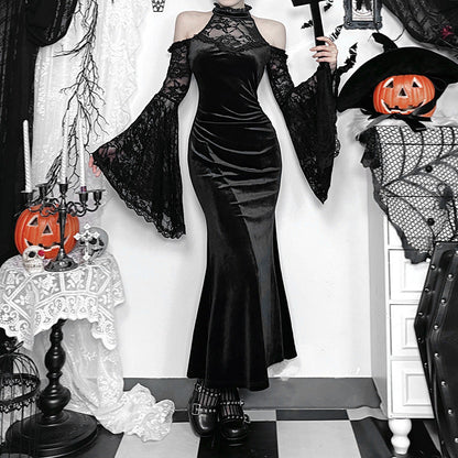 Black Off-Shoulder Long Sleeve Witch Dress for Women
