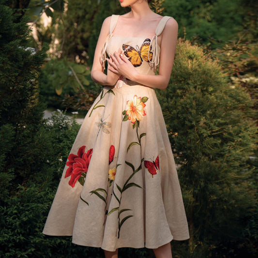 New Three-Dimensional Flowers In Summer, Vintage Waist Slimming Slip Dress