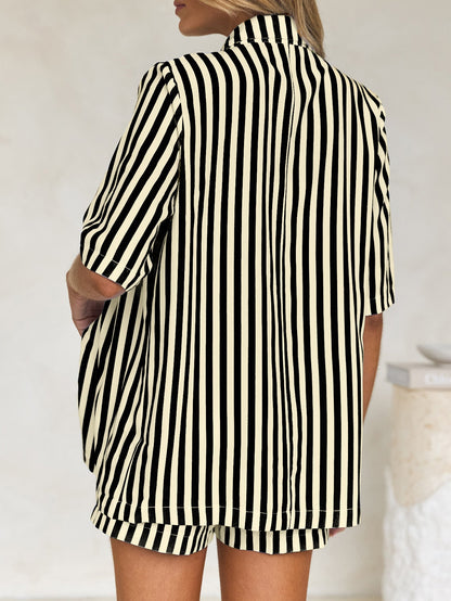 Striped Button-Up Shirt and Shorts Set for Women