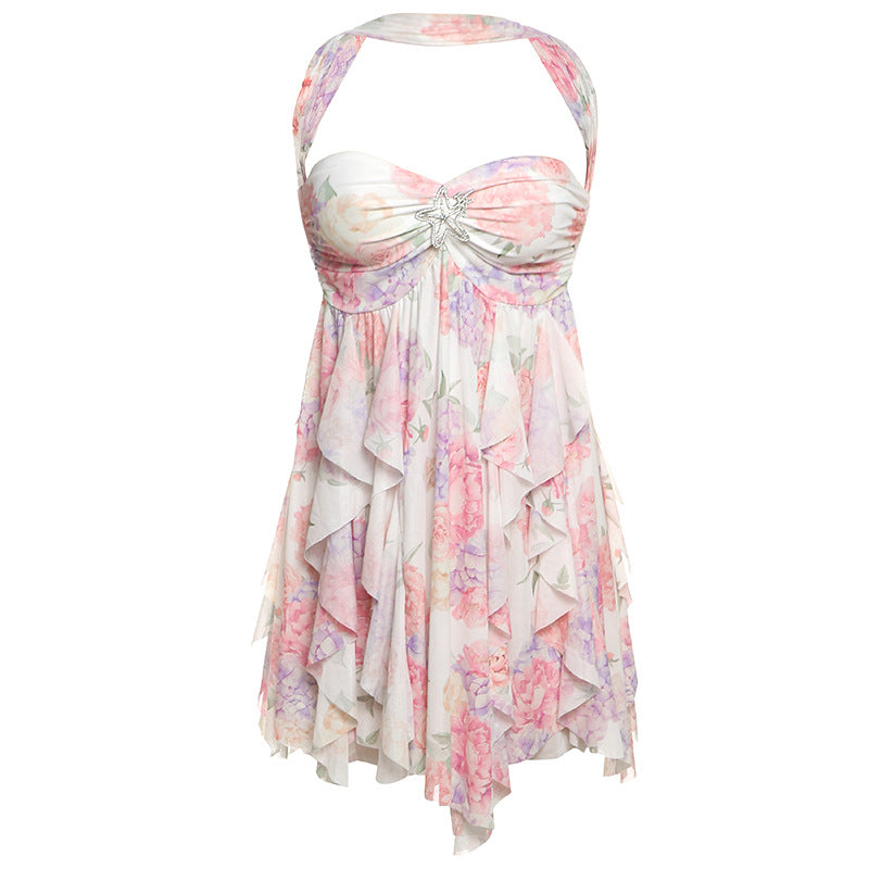 Backless Halter Neck Irregular Hem Mini Dress