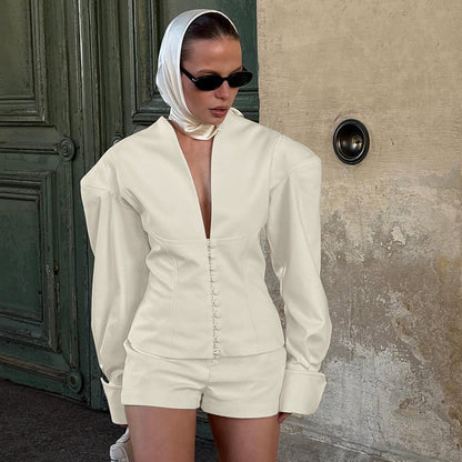 Elegant V-Neck Long Sleeve Top and Shorts Set