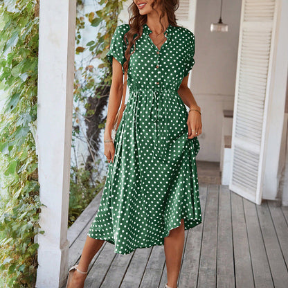 Polka Dot High-Waisted Tie Dress Casual Vacation Look