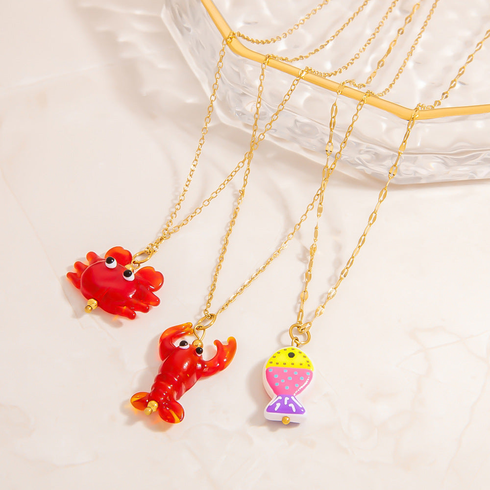 Ocean Series Crab Glass Pendant Necklace 18K Gold Plated