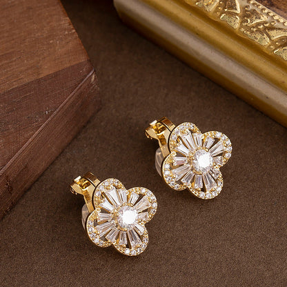 Trendy Gold Clovers Ear Clips With Zirconia Stones For Women