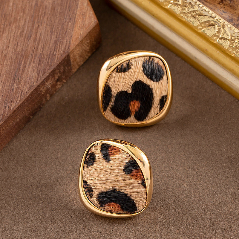 18K Gold Plated Natural Horsehair Leopard Print Geometric Stud Earrings