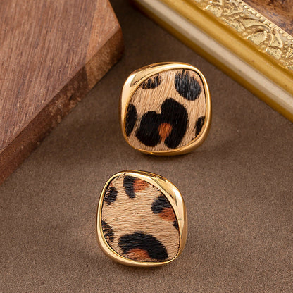 18K Gold Plated Natural Horsehair Leopard Print Geometric Stud Earrings