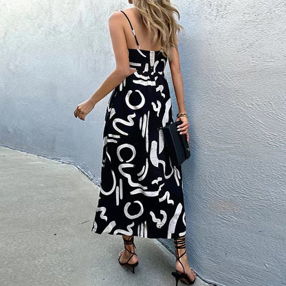 Women'S Summer Fashion Print Waist Suspender Dress