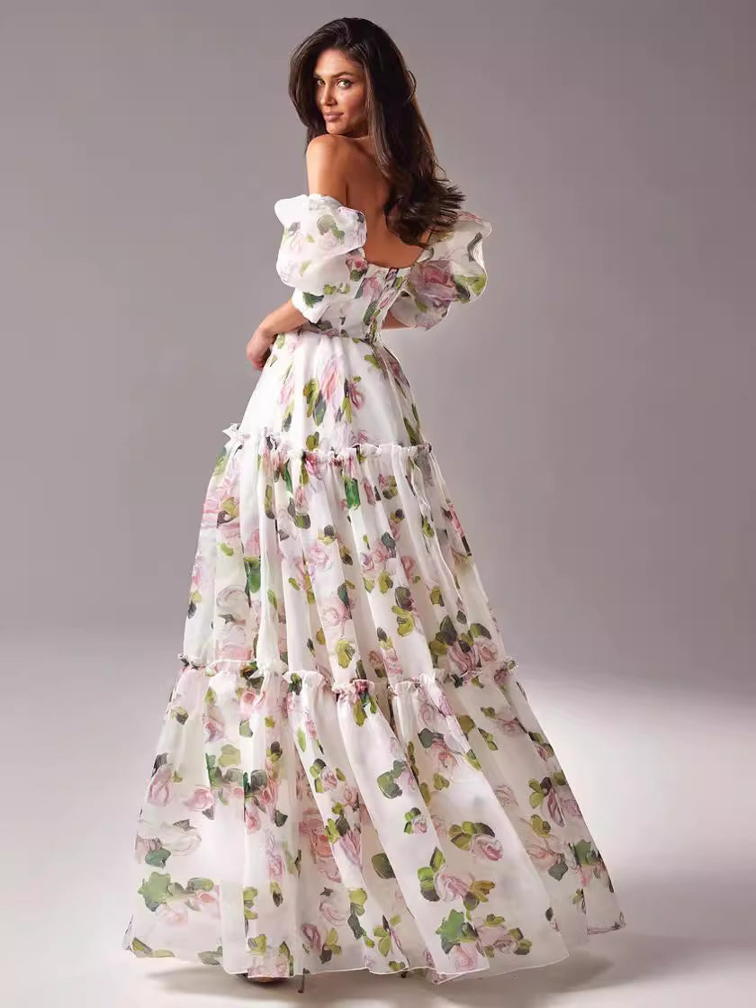 Off-Shoulder Chiffon Evening Gown with 3D Floral Design