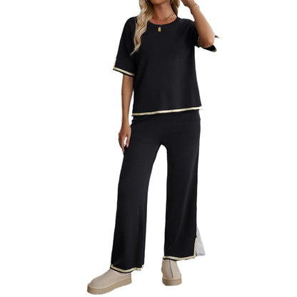 Casual Elegant Short Sleeve Knit Set with Pants