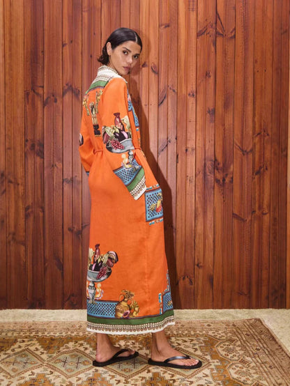 Elegant Floral Long Linen Cardigan Dress