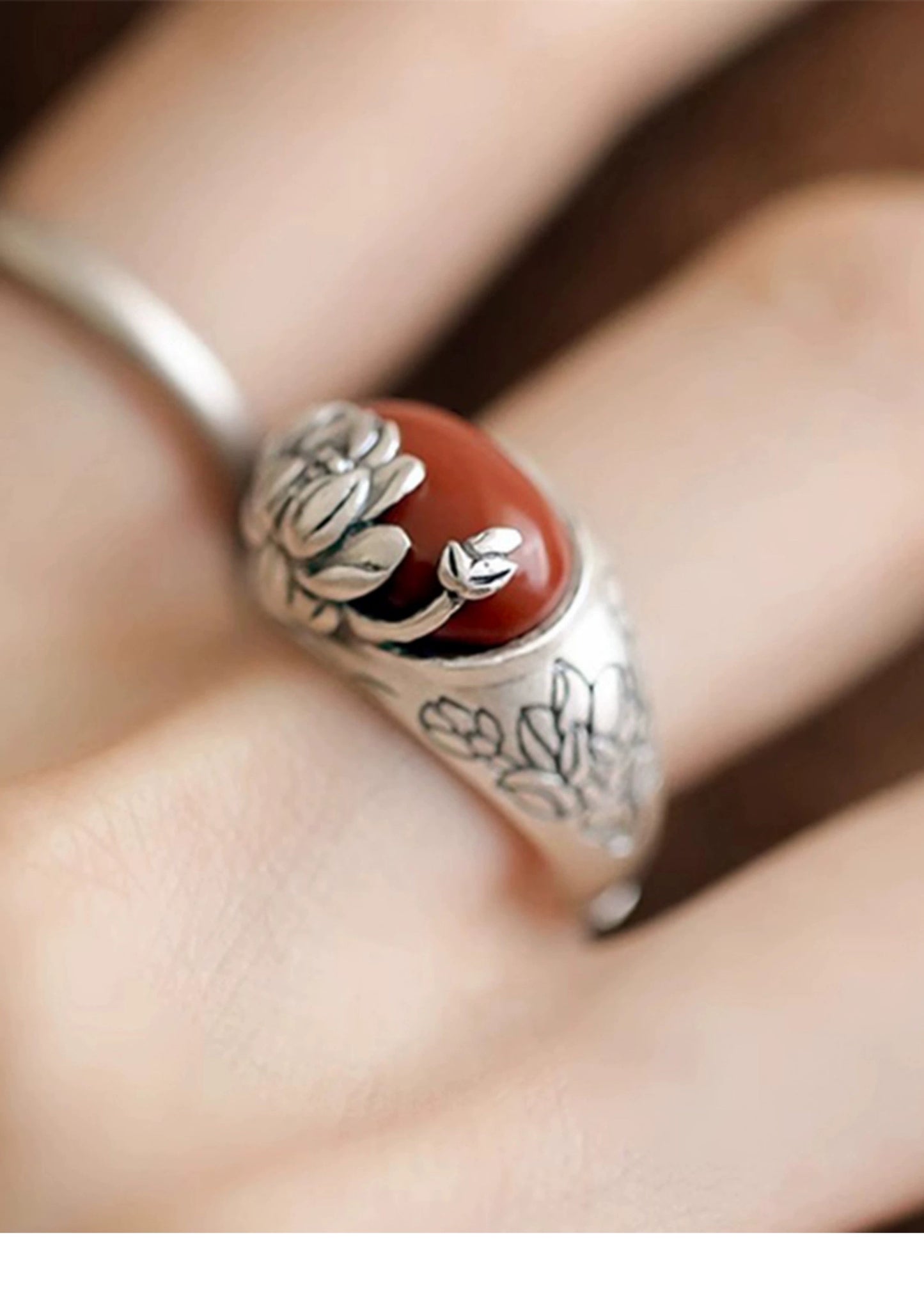 Agate Lotus S925 Silver Ring Women'S 2024 New Niche Design Retro Style Index Finger Ring Mother'S Day Gift