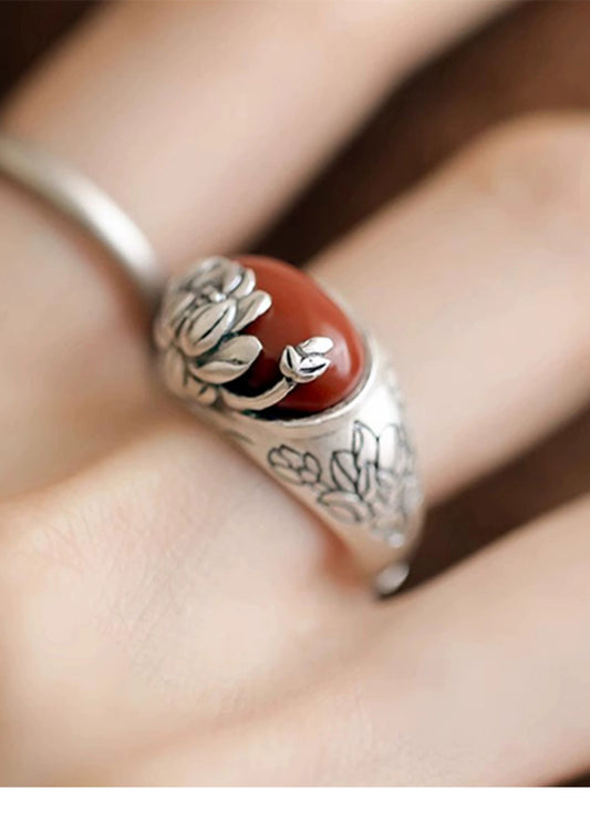 Agate Lotus S925 Silver Ring Women'S 2024 New Niche Design Retro Style Index Finger Ring Mother'S Day Gift