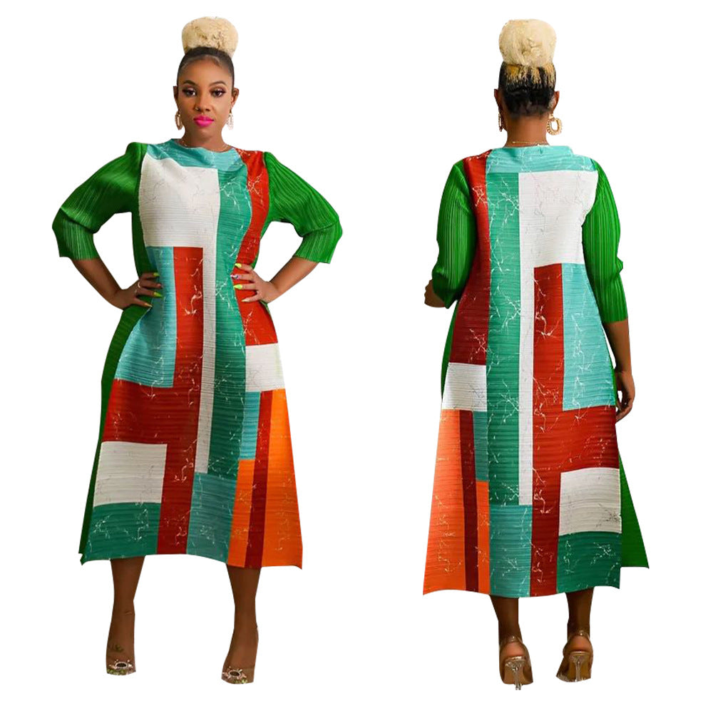 Fashionable Pleated Dress With Round Neck Print