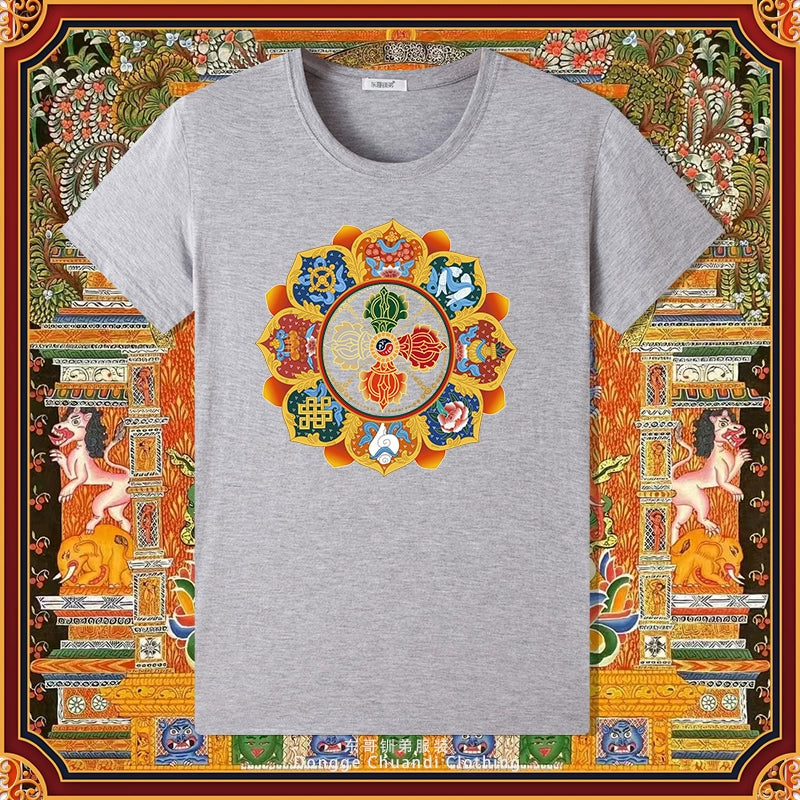 Diamond Pestle Babao New Printed Pure Cotton Mantra Wheel T-Shirt Top, Buddhist Men'S And Women'S High-End Clothing