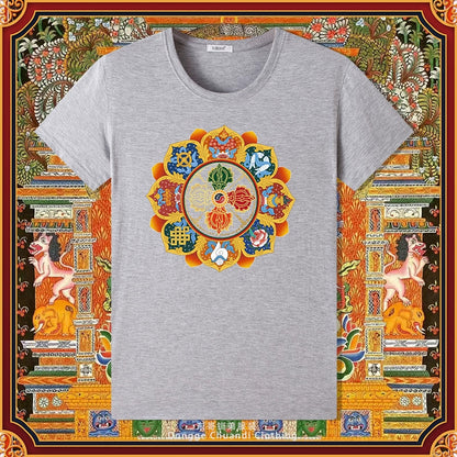 Diamond Pestle Babao New Printed Pure Cotton Mantra Wheel T-Shirt Top, Buddhist Men'S And Women'S High-End Clothing