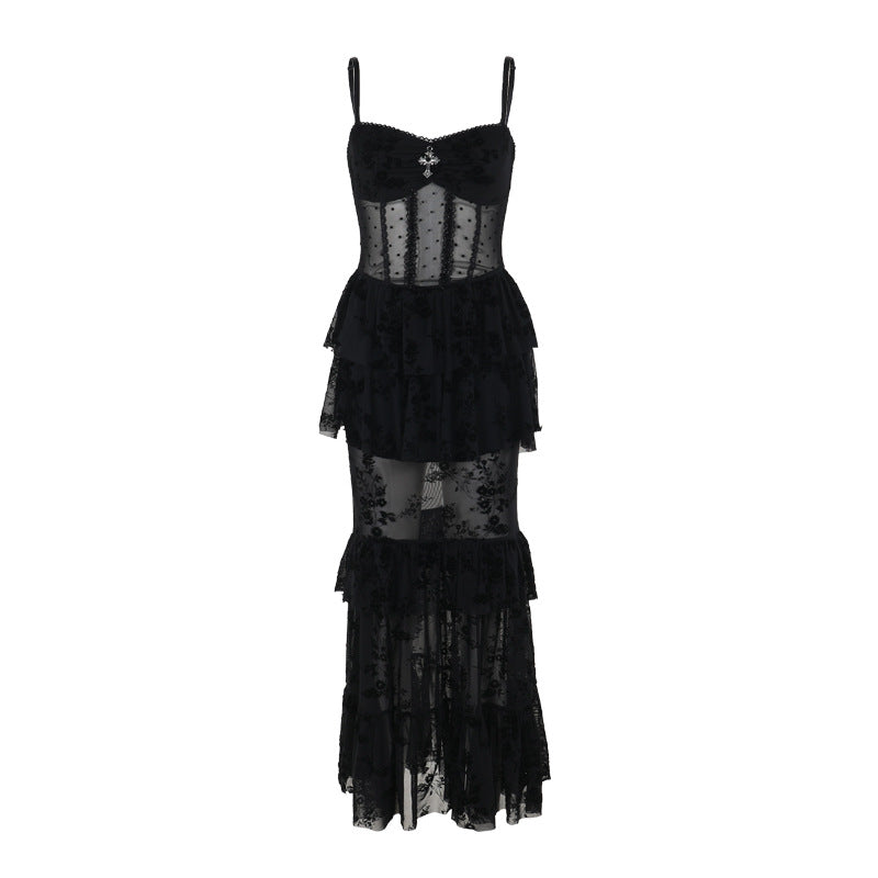 Elegant Black Sheer Maxi Dress with Spaghetti Straps