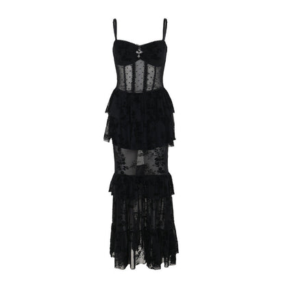 Elegant Black Sheer Maxi Dress with Spaghetti Straps