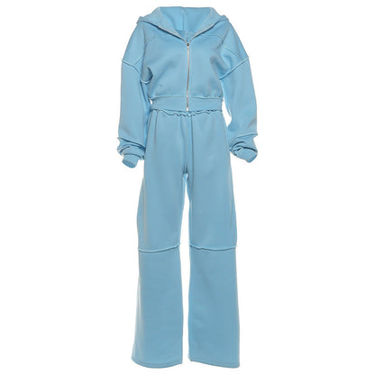 Hooded Long Sleeve Zip-Up Jacket And Loose Trousers Set