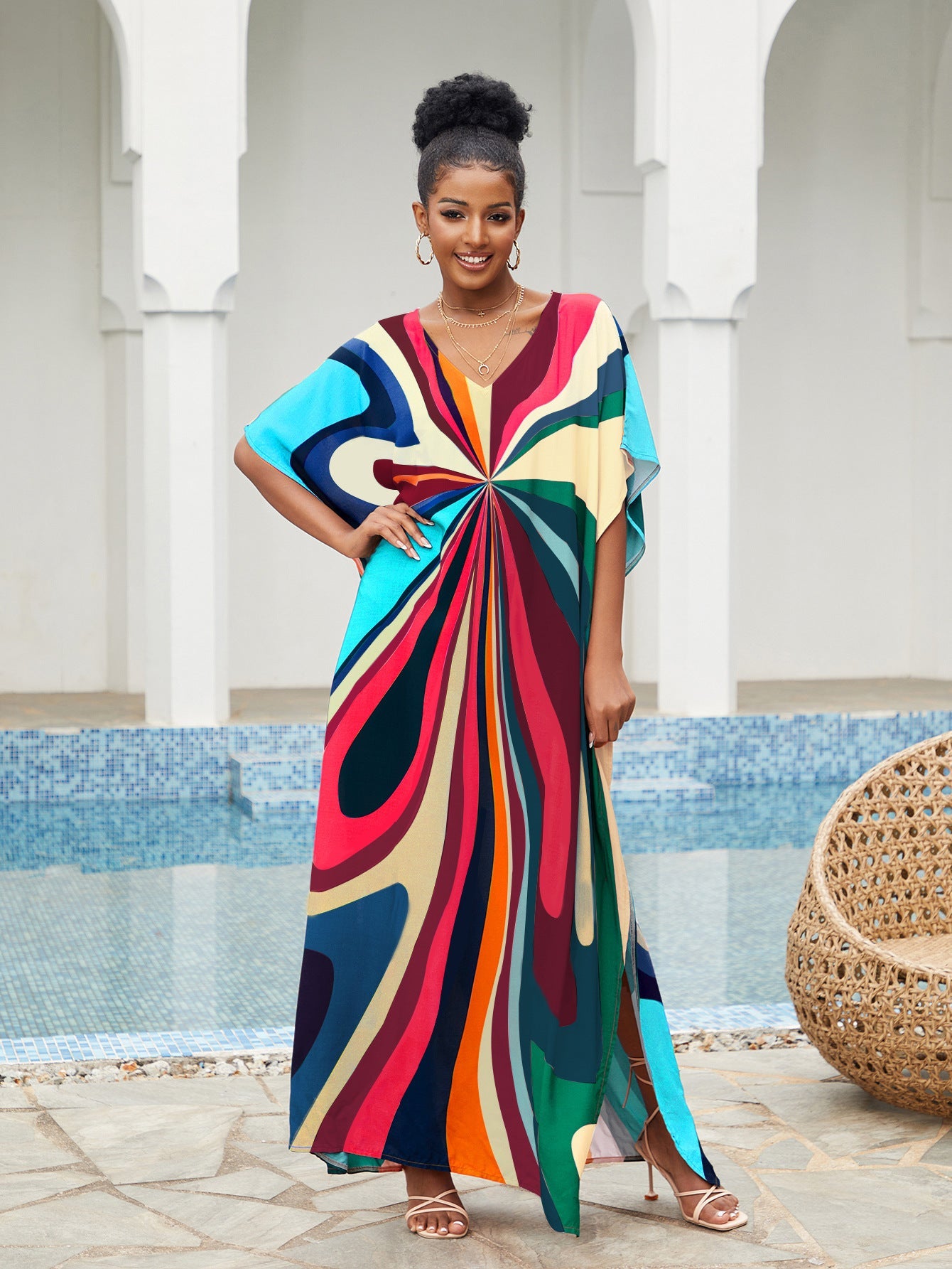 New Cotton Positioning Printed Beach Blouse, Robe-Style Holiday Sunscreen Shirt, Bikini Outer Blouse