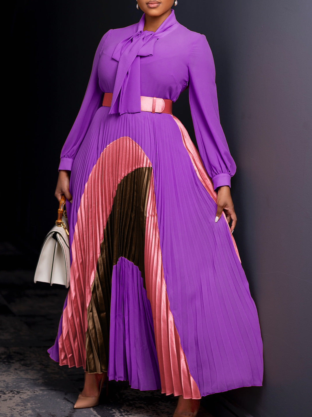 Elegant Color-Block A-Line Dress With Belt