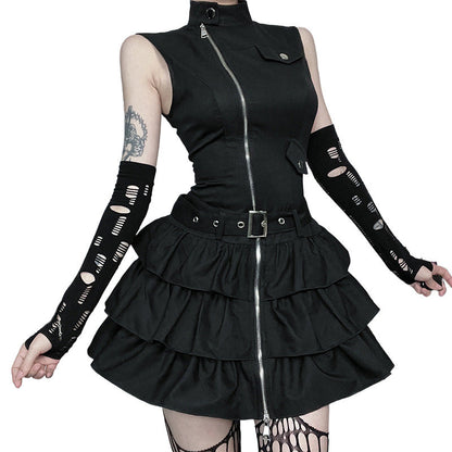 Gothic Style Zipper Mini Skater Dress for Women