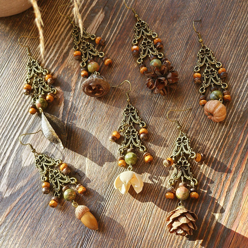 Vintage-Inspired Bohemian Hollow Bead Earrings with Natural Dried Fruits