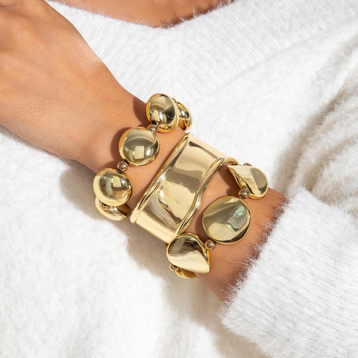 Layered Geometric Statement Cuff Bracelet Set