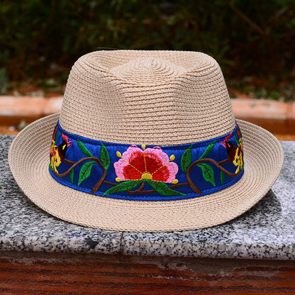 National Style Embroidered Hat Straw Hat Sun-Proof Visor Big Brim Summer Days Ladies National Hat