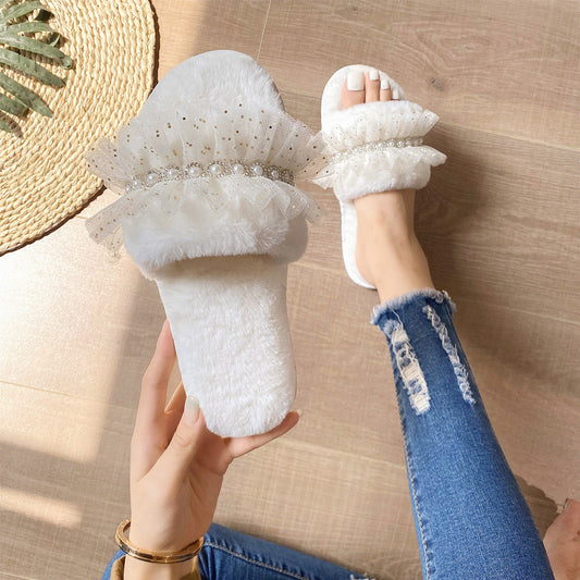 Rhinestone Lace Pearl Plush Slippers