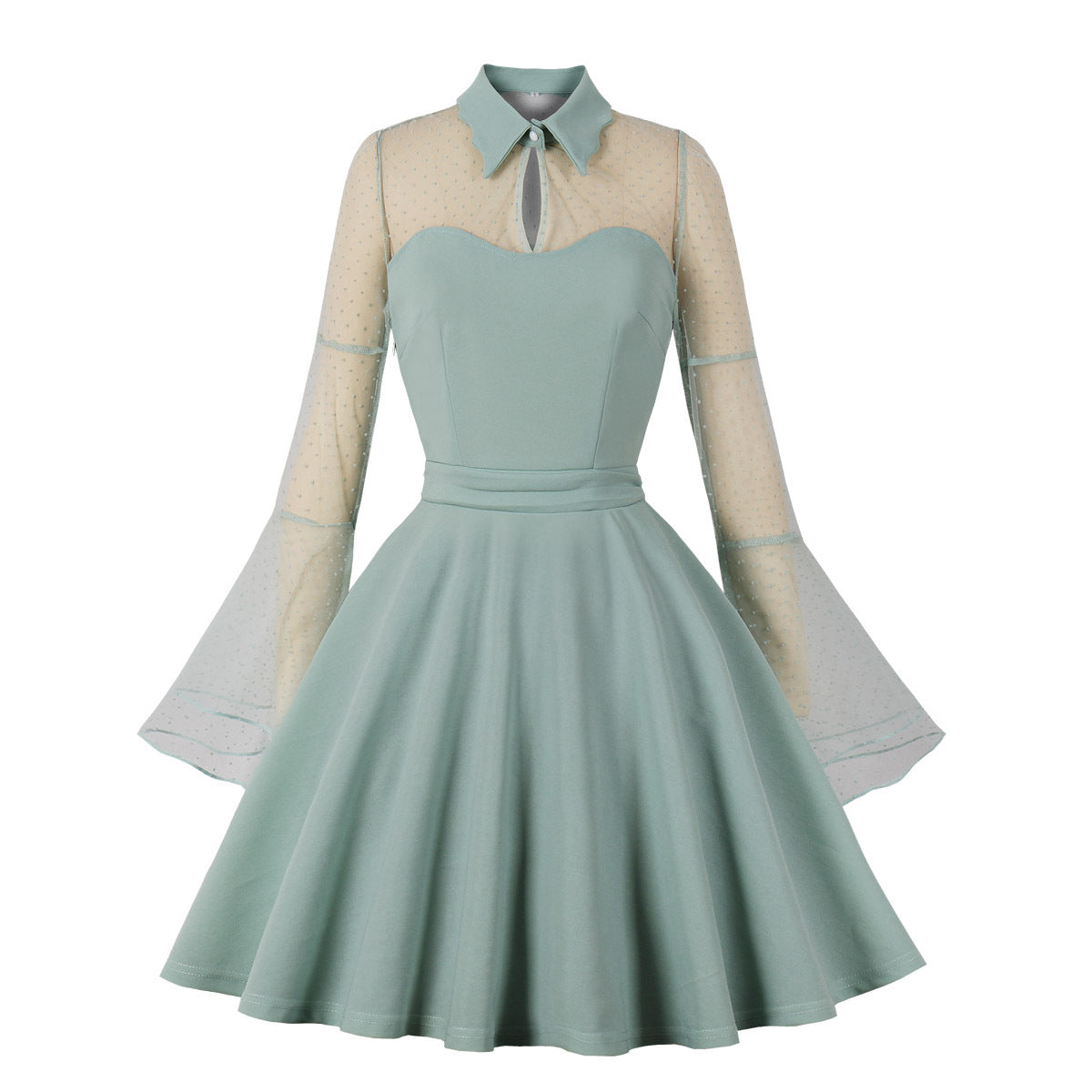 Polka Dot Embroidered Flare Sleeve Dress