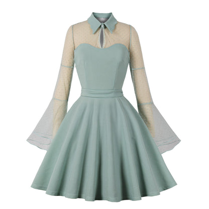 Polka Dot Embroidered Flare Sleeve Dress