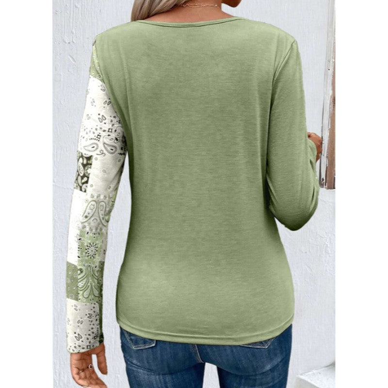 Autumn Printing Solid Color Stitching Casual Long-Sleeved Knitted T-Shirt