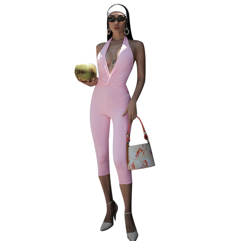 Sexy Sleeveless V-Neck Bodysuit - Trendy Solid Color Jumpsuit