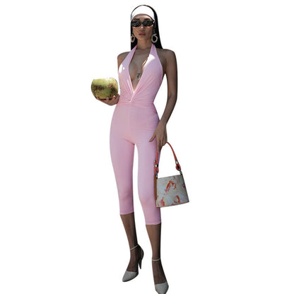 Sexy Sleeveless V-Neck Bodysuit - Trendy Solid Color Jumpsuit