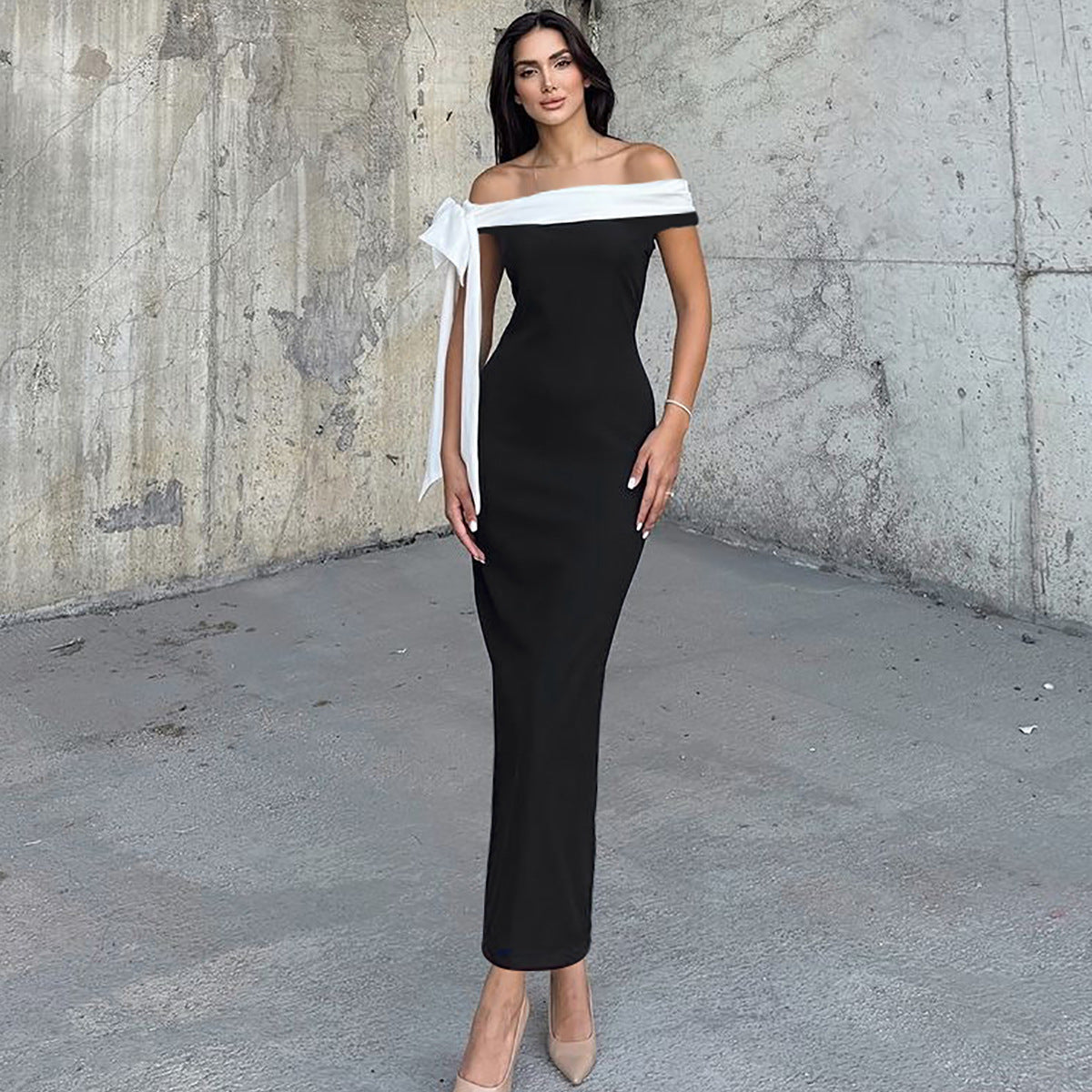 Off-Shoulder Solid Color Dress With Ribbons Elegant Fit