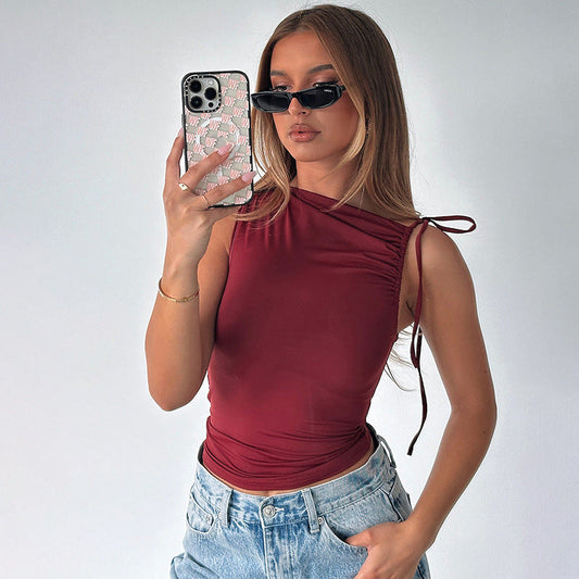 Trendy Asymmetrical Neckline Sleeveless Top With Drawstring
