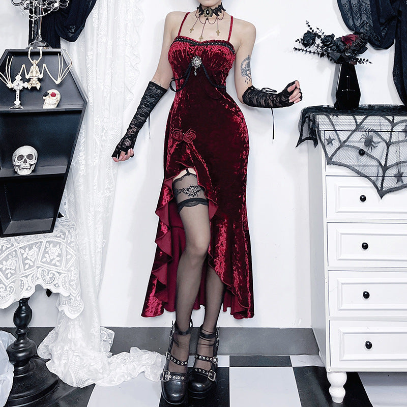 Burgundy Lace Ruffle Maxi Dress for Elegant Occasions