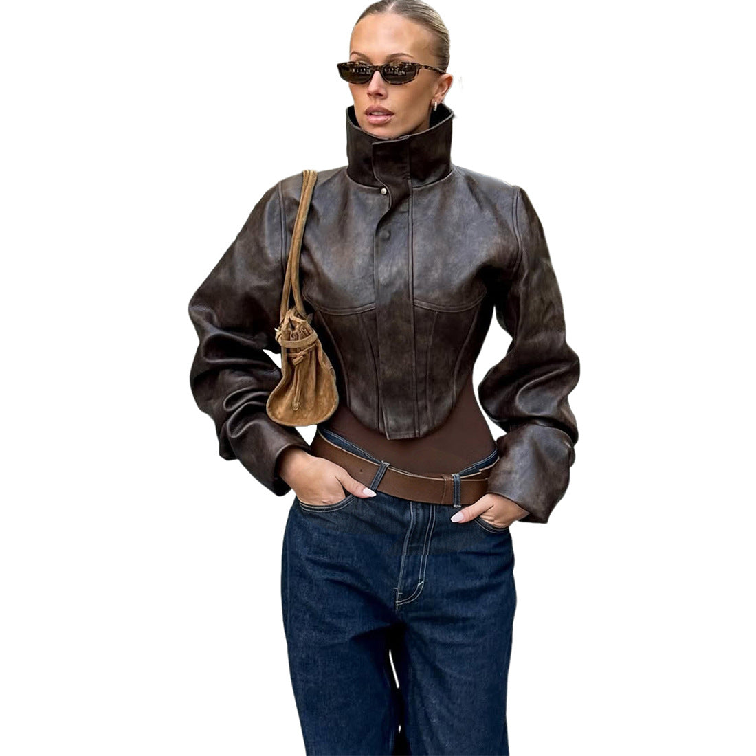 High Neck Zipper Short Pu Leather Jacket For Women