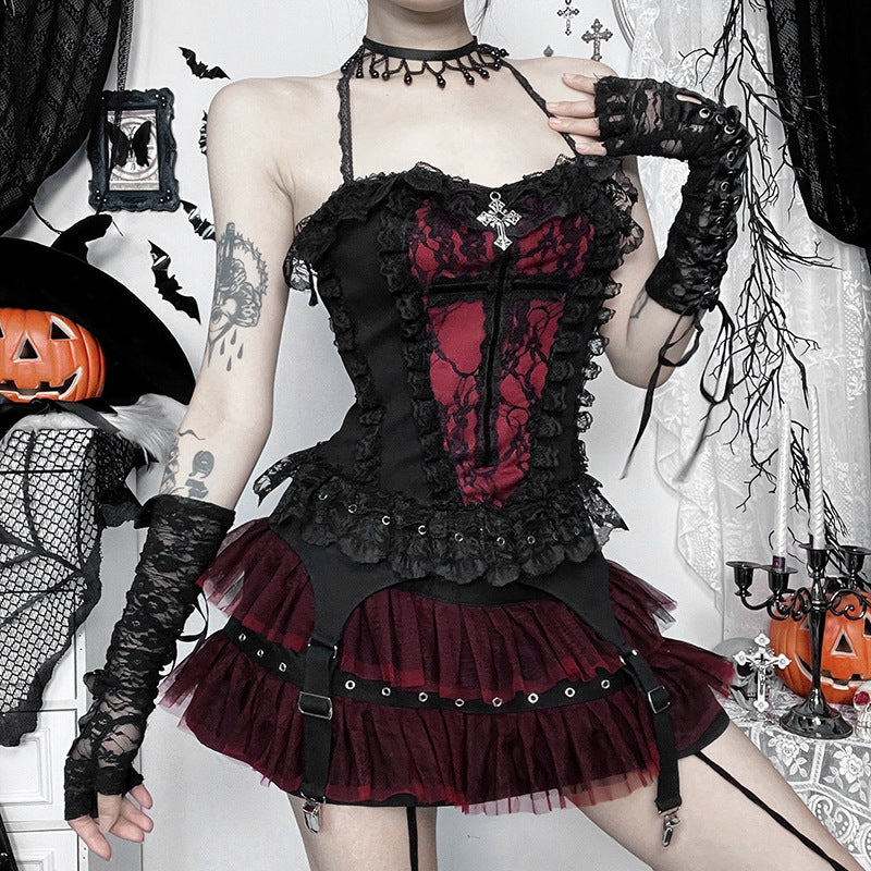 Black And Red Patchwork Tulle Midi Skirt For Women