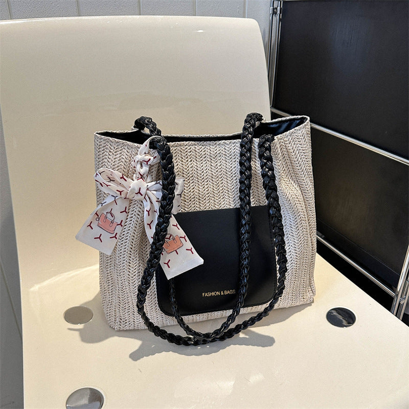 Woven Straw Tote Bag Stylish Casual Large Capacity Shoulder Bag